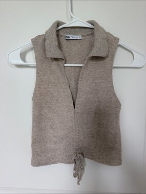 ZARA Ribbed Sleeveless Knit Collared Tank - Beige